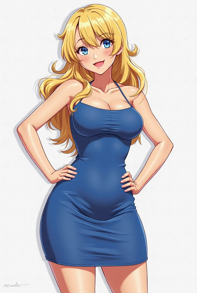 best quality, glossy, 4k, ((artwork)), extremely detailed, 8k, beautiful, MILF, hot woman, long blonde hair, blue dress, cleavage, big breasts, full lips, blue iris, pink lipstick, smile, no background, short skirt, standing up, bare shoulders