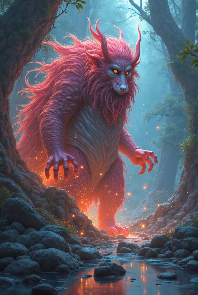 ultra-detailed, masterpiece, masterwork, high quality, best quality, hdr, (nature), , male, solo, dragon, (()), chibi, (little red body minotaur), (white chubby body), (long golden hair, yellow eyes), standing, front view, dynamic angle, (, perfect ), public hair, (cross your arms), earrings