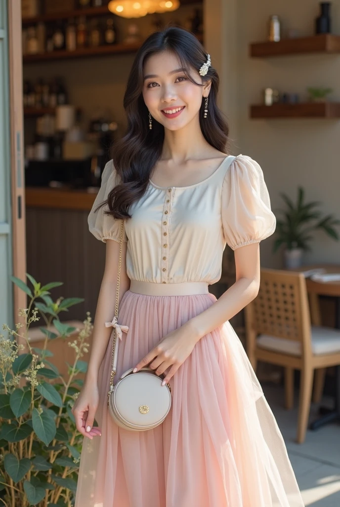 Create a masterful and high-quality High Definition image of a College girl wearing a black ruffled shirts and white skirt. The skirt should be layered and styled with influences from the 1950s, including MIDI, wide, and Lolita styles. Include details of modern maximalist fashion dress, katelynn mini cute style, pastel style, and peach and goma style. The color scheme should be black, white, and pastel pink,