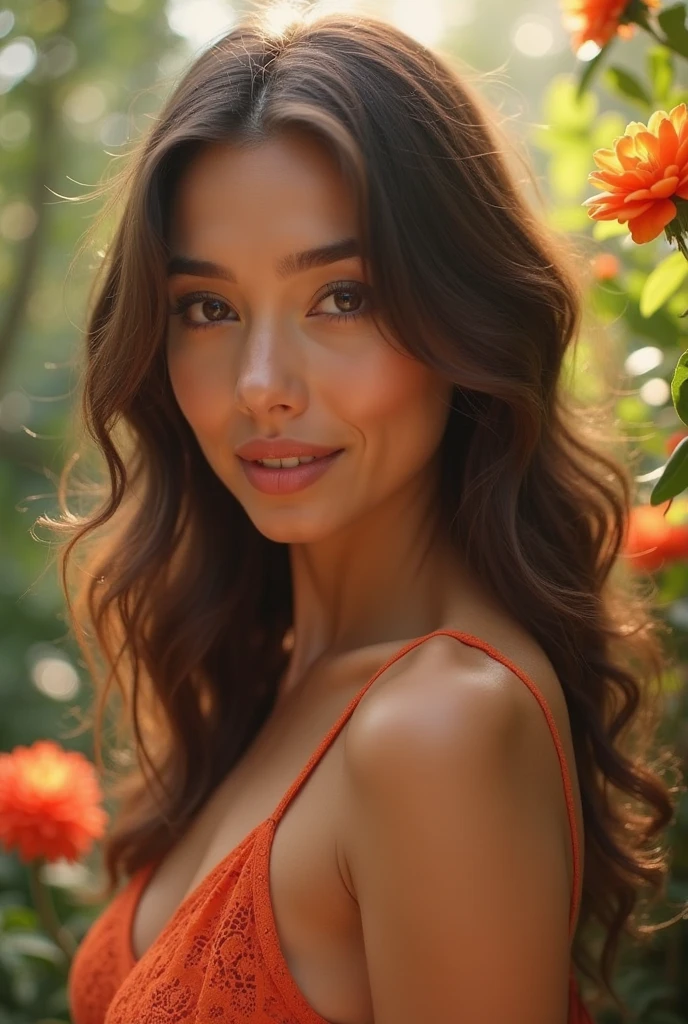 (best quality,high resolution,chef-d'artwork:1.2),Une Colombienne de 23 ans,(Figure de sablier:1.1),(petits seins:1.1), (hyperréaliste:1.1) portrait, lighting, une longue robe rouge, prendre une pose dynamique, couleurs vives, fine details, souligner les traits du visage, expression captivante, a lush and lively garden in the background, sunlight shines through the leaves, projetant des ombres douces sur son visage et sa robe, cheveux teints avec des reflets rouge clair".