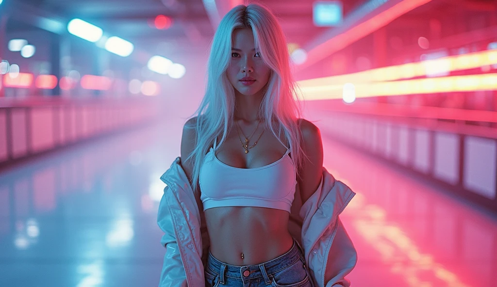 A blonde korean girl wearing revealing clothes
