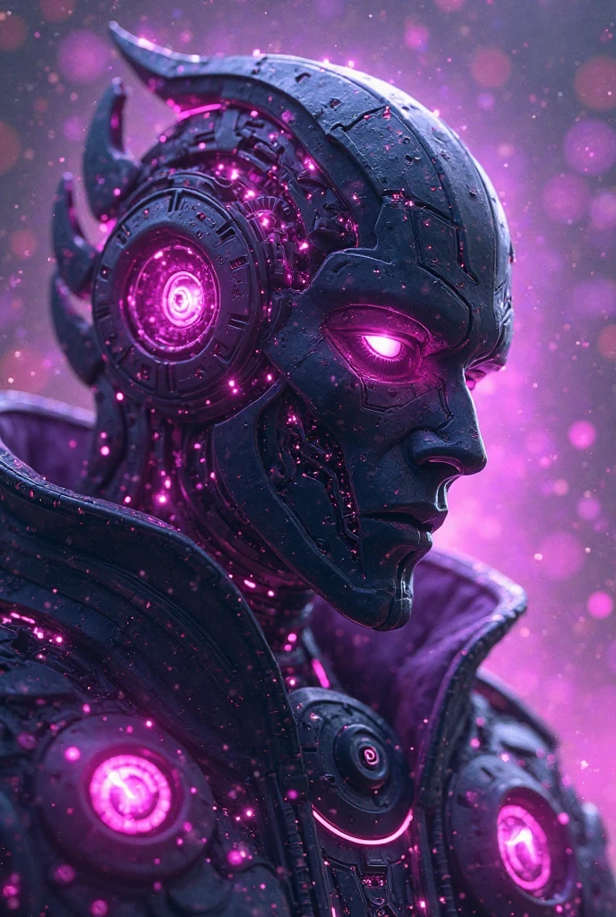 gloomy portrait of Zombie Ultron from Marvel, extremely detailed, futuristic cityscape, nighttime, glowing neon lights, smoke, sparks, metal shavings, flying debris, blue energy effects, volumetric light