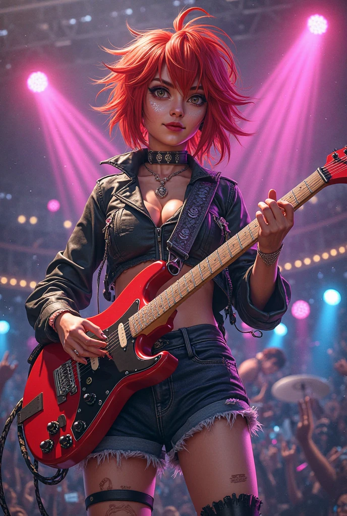 (Realisttic:1.2), analog photo style, (cute Tifa Lockhart, playing  guitar), detailed face and eyes, best quality textures, punk style, leather skirt, tattoo on left shoulder, headphones, cinematic lighting, cgi, colored bob hair, perfect anatomy, in concert, hairshakes, great dinamic photo, great quality, Masterpiece, intricate steam body, rock'n'roll  aesthetic, 16k quality, analog photo style, RAW photo