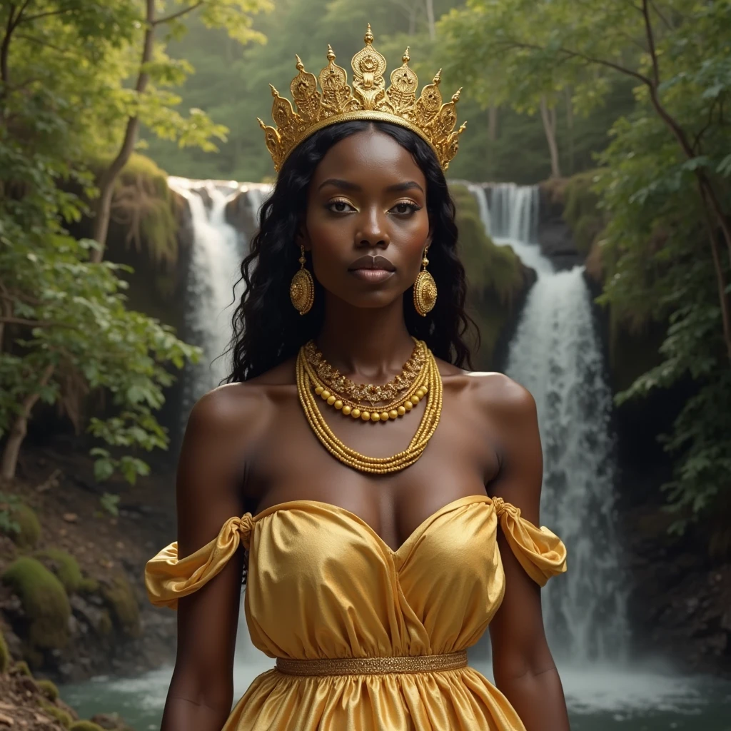 a beautiful detailed dark-skinned black woman wearing a golden crown with diamonds, posing in a medieval green vale with majestic medieval architecture in the background, professional majestic oil painting, dramatic, photorealistic, intricate, high detail, sharp focus, by Ed Blinkey, Atey Ghailan, Studio Ghibli, Jeremy Mann, Greg Manchess, Antonio Moro, trending on ArtStation, trending on CGSociety