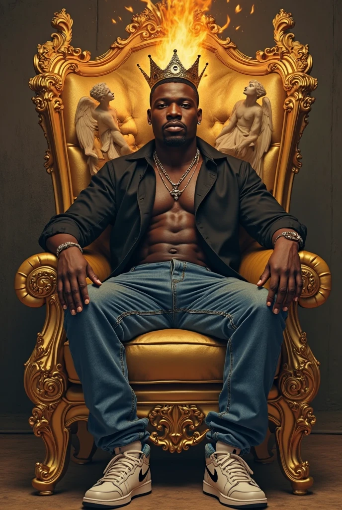 Homem forte e gato preto charming, African man, blonde hair, muscular African man, hairy, body tattoos, beard, throne room, gold jewerly, gold nipple piercing, gold prince albert dick piercing, big gold chains necklace, gold cock ring, hairy body, (extreme hyper cock: 1.6), (dripping cum: 1.6), (cum flooding floor: 1.6), (muscular:1.6), (extreme hyper cock: 1.6), (cock bigger than leg: 1.6), (gigantic balls:1.6), (gigantic bulge:1.6), (extreme pubic hair: 1.6), (extrem body hair: 1.6), (veiny cock:1.6), (chest hair: 1.6), (scrotum hair:1.6), (sitting on a throne:1.4)