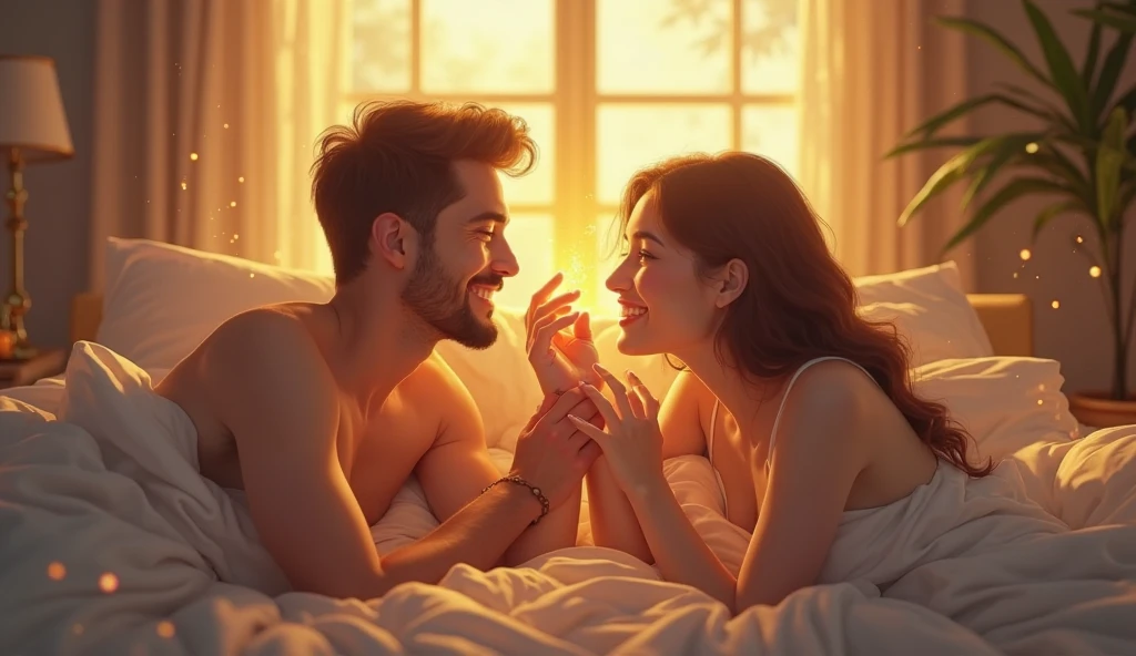 couple, woman and man lying in bed under blankets turned away from each other, seen from above, wearing pajamas , woman turning towards man, thinking bubble above her head with text "He's probably thinking about other women.", open eyes , thinking bubble above man's head with text "How do I earn more FREE CREDITS?"