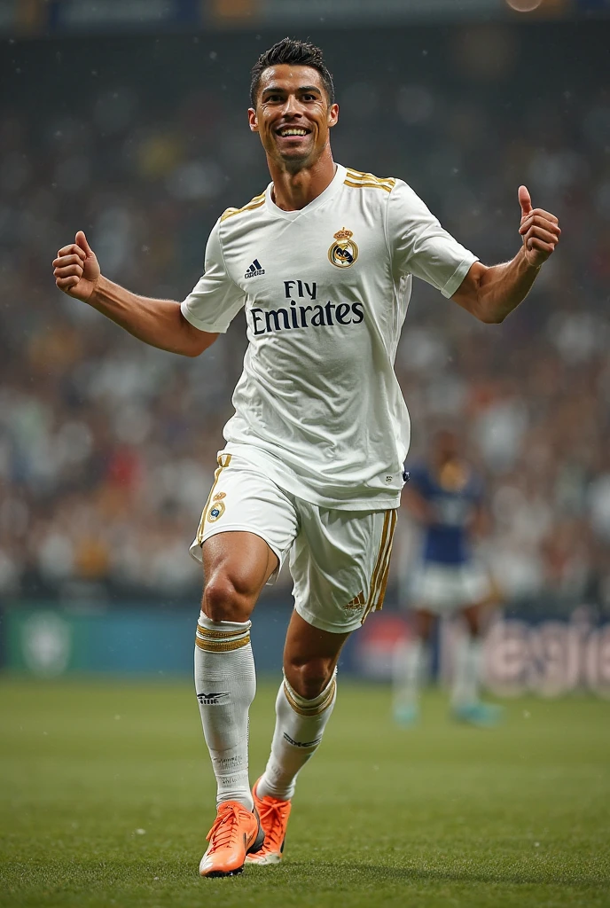 Photorealistic, 64K, A realistic christiano ronaldo [wearing real madrid soccer jersey number 7 ], standing up celebrating his goal