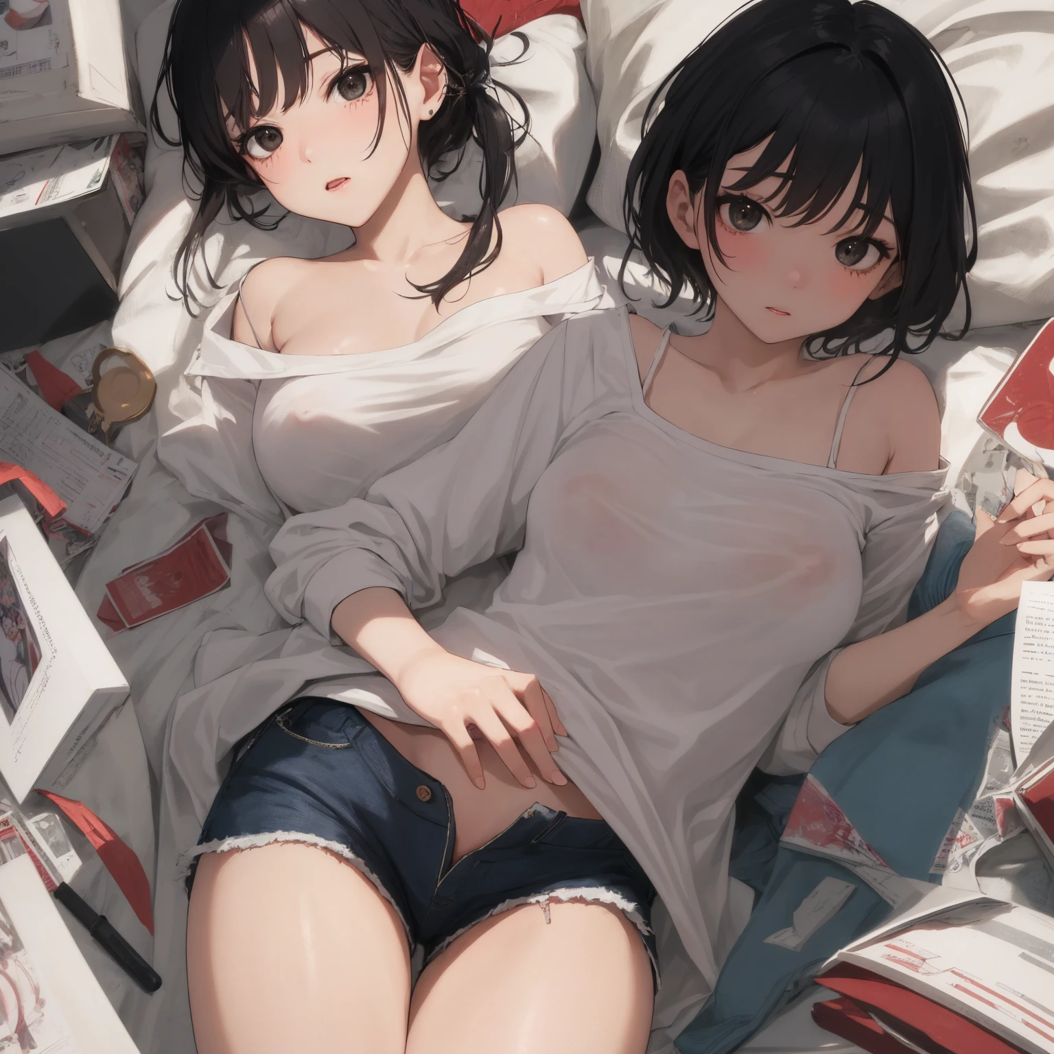 Japanese Style House, On the futon, A dark-haired Japanese woman sitting with a woman wearing red underwear, Japan woman in underwear, Two Japanese women looking at each other, Random Pause,18-year-old,Real young gravure idol, Young and beautiful gravure idol, 8k)), Young Sensual Gravure Idol, Shiny skin!!, Glossy silver, ((Beautiful Skin)),((Skin Texture)),((Real Touch)),healthy, red tint, looking at the camera,Emphasized thighs,Beautiful clavicle,((Embellished Detail Bra,Sensual)),Blushed,Feel your breath,