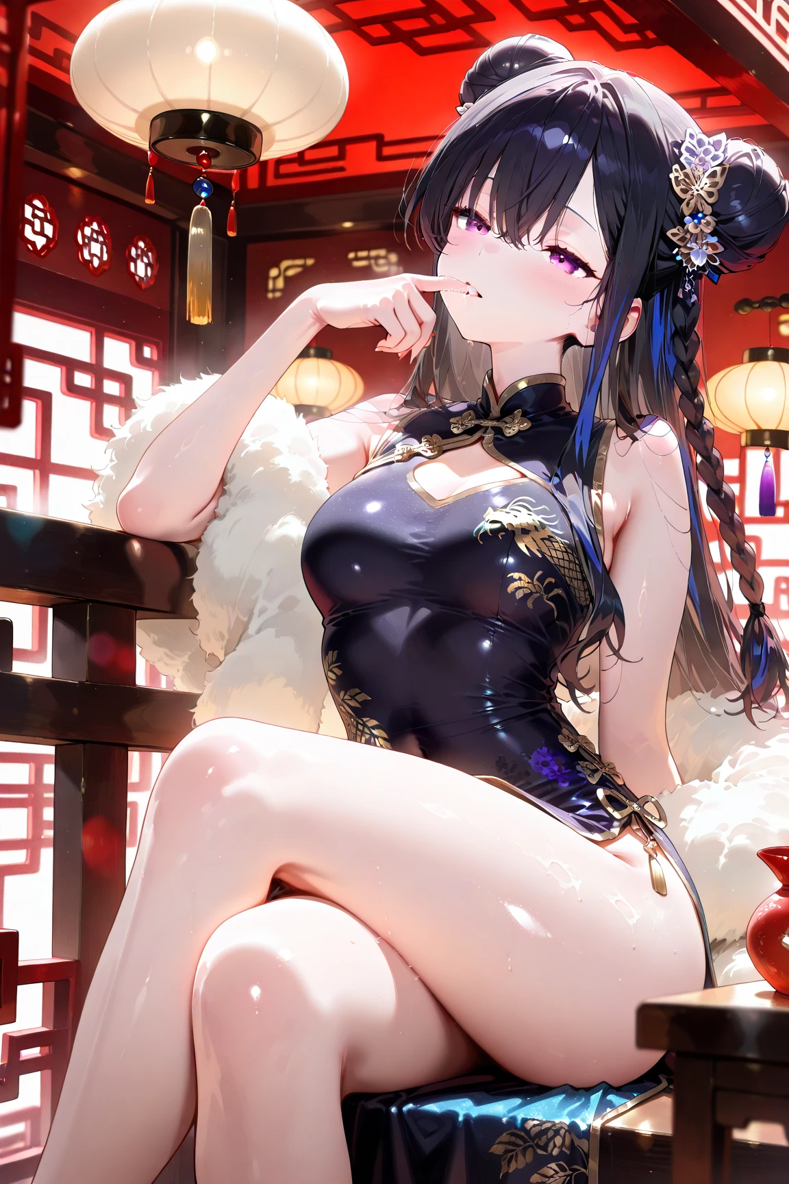1girl, long black hair, blue eyes, china dress, cheongsam, city, absurdres, high res, ultrasharp, 8K, masterpiece, looking at viewer, steam, white panty, floral lace undies, cameltoe, sexy, (lift skirt), wind lift, see through nipples, beautiful face, sexually suggestive, sitting, spread legs , wet panty, hairpin, collar on neck, full body, licking ice cream, beautiful toes, beautiful hand gesture, collar on thigh , belly button