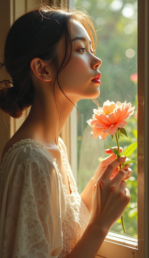 (photorealism:1.2), beautiful Sri Lankan girl ,wearing korean top , doesn't open her body,covering her face by beautiful flower,black jean,long curly hair, indoors, soft lighting, plants in background, window with sunlight, cozy room, relaxed pose, realistic, intricate details, BTS Kimseokjin near her, warm colors,