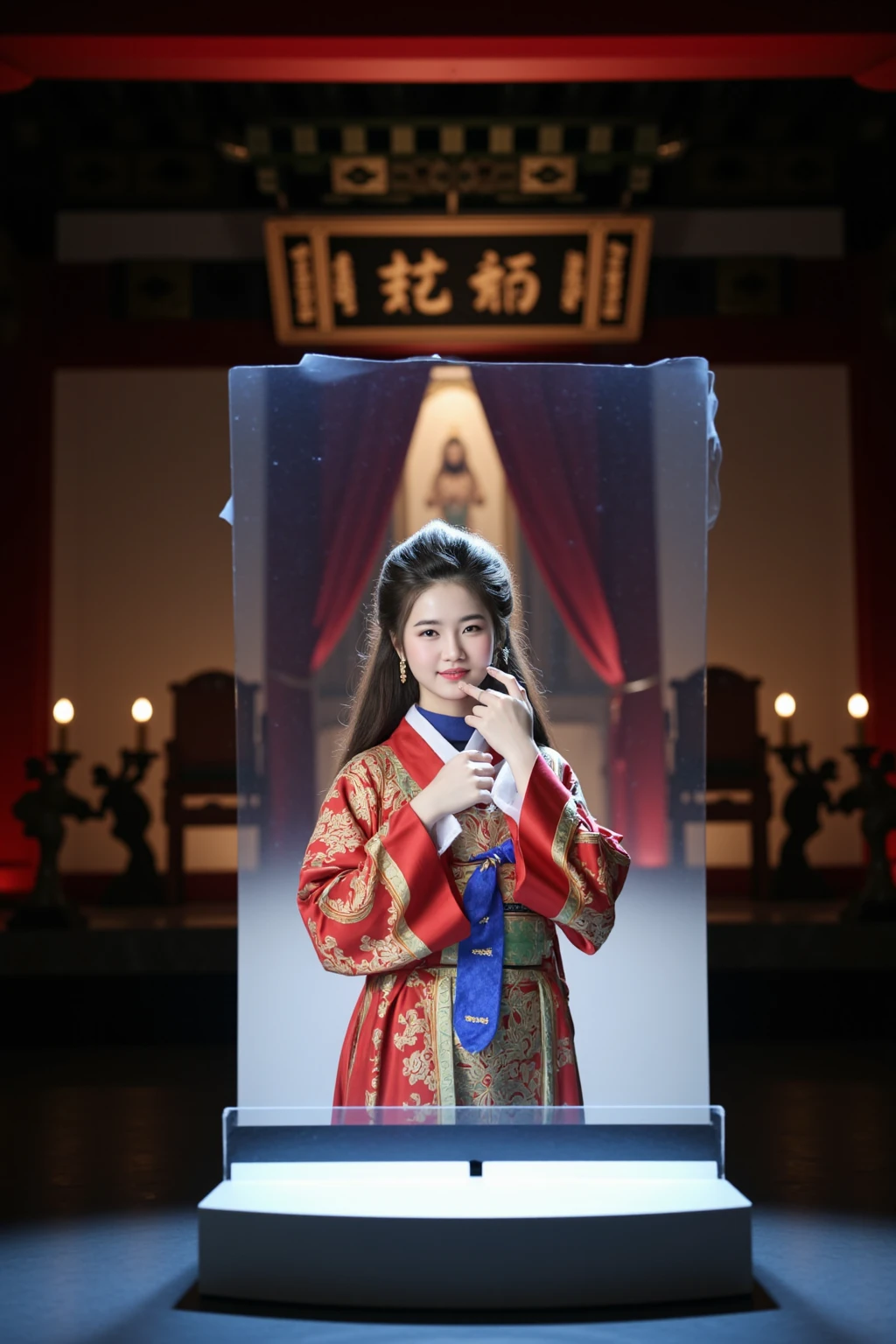 Woman holding a fan in front of a statue of a man, inspired by Ma Yuanyu, inspired by Yuan Yao, inspired by Ye Xin, Inspired by Tang Yifen, inspired by Yu Zhiding, inspired by Hua Yan, inspired by Dong Yuan, Inspired by Yang Buzhi, wenfei ye, inspired by Yi Yuanji, Inspired by Zhao Yuan