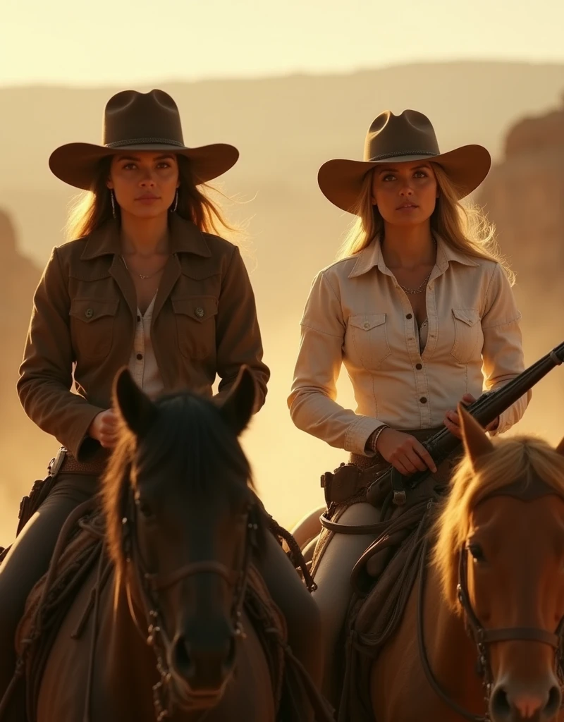 Cinematic film still from the movie "Bandidas", intense gritty, photo of two beautiful female cowboy outlaws , the one on the left holding a pistol is wearing a brown coat and dark shirt, the one on the right holding a rifle is wearing white wild west theme sundress , intricate detail cowboy's accessories, looking at the viewer, horse riding, Grand Canyon, golden hour , dramatic shadows , natural lighting . dusty mood