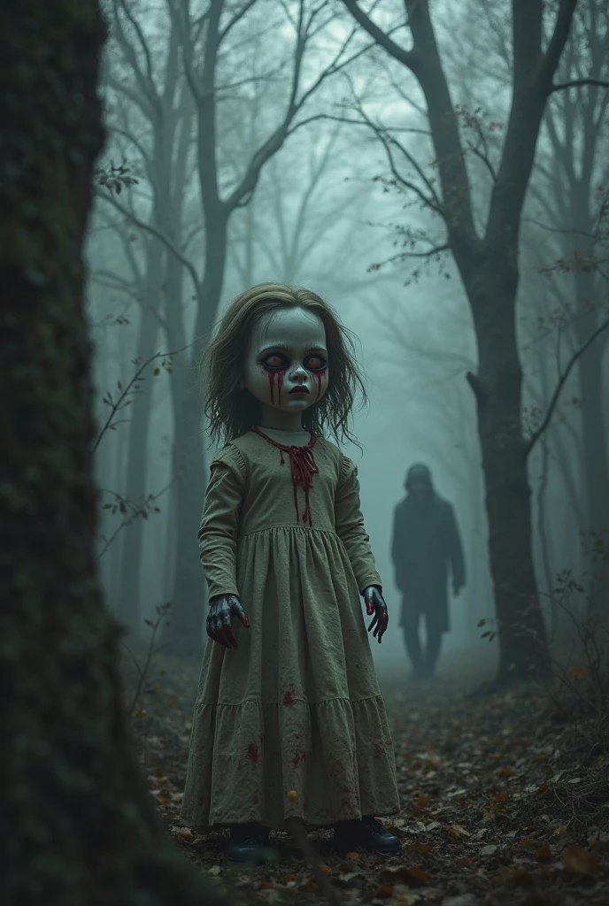 ((best quality: 0.8)), ((masterpiece)), (detailed),
1girl, child, long brown hair, light blue eyes, blood-stained white dress, blood-stained face, holding a white teddy bear, dirty white socks, dark forest, slenderman behind, death, crescent moon