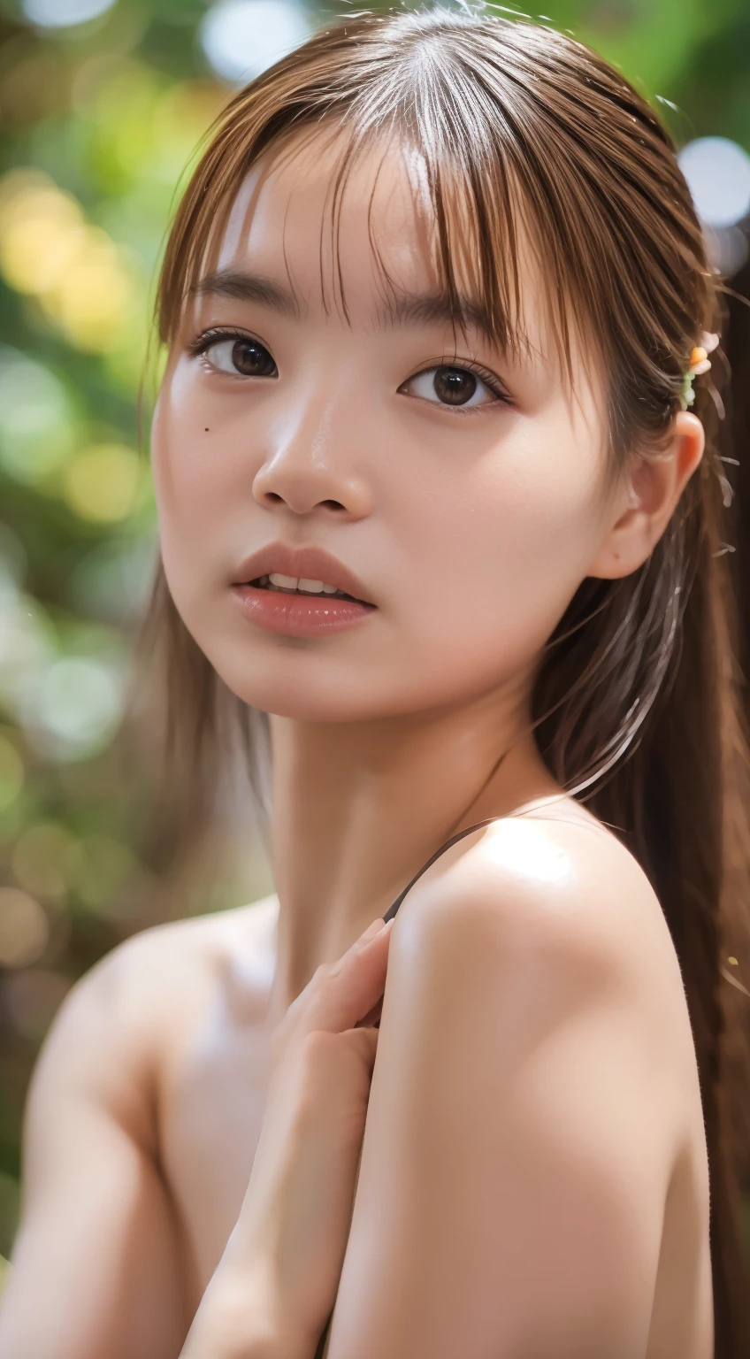 highest quality、masterpiece、High resolution、11 years old、bra、panties、super beautiful face、Super beautiful eyes、Super beautiful hair 1girl in,lightly dressed、gaze looking beyond,red blush,Strong sunshine,delicate and messy hair,realistic skin textures, Pronounced pores and skin wrinkles,tropical rainforest,((strong light shines on the face)), The upper part of the body, naked portrait, nude photography, detailed armpit, pussy pubic hair, shiny nipple