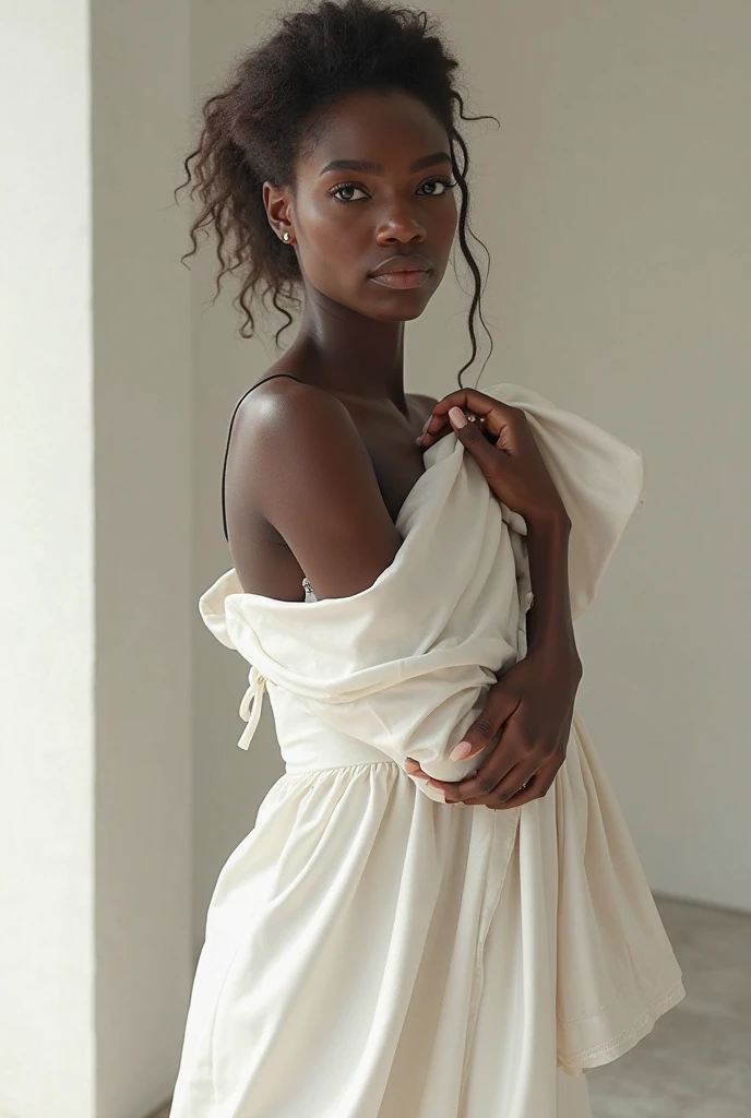 natural girl, darkskin, clear eyes, body hair, hugged well dressed elegant and responsible dress