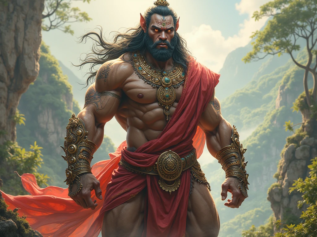 Hanuman god real face  with muscle detailed with gold fort in background 