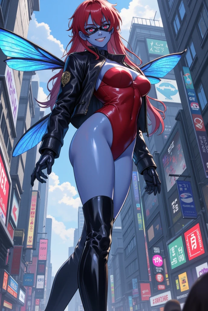 A colossal giantess succubus walks into a tiny city, breaking the floor and everything with her heels, she looks down and mocks you as you see him from below her tiny tits, full bodysuit and long legs covered all in transparent pantyhose, look down, evil, better quality, close, photo under her, destruction, death tinys, tiny people, tiny humans, blood, death people, crushed