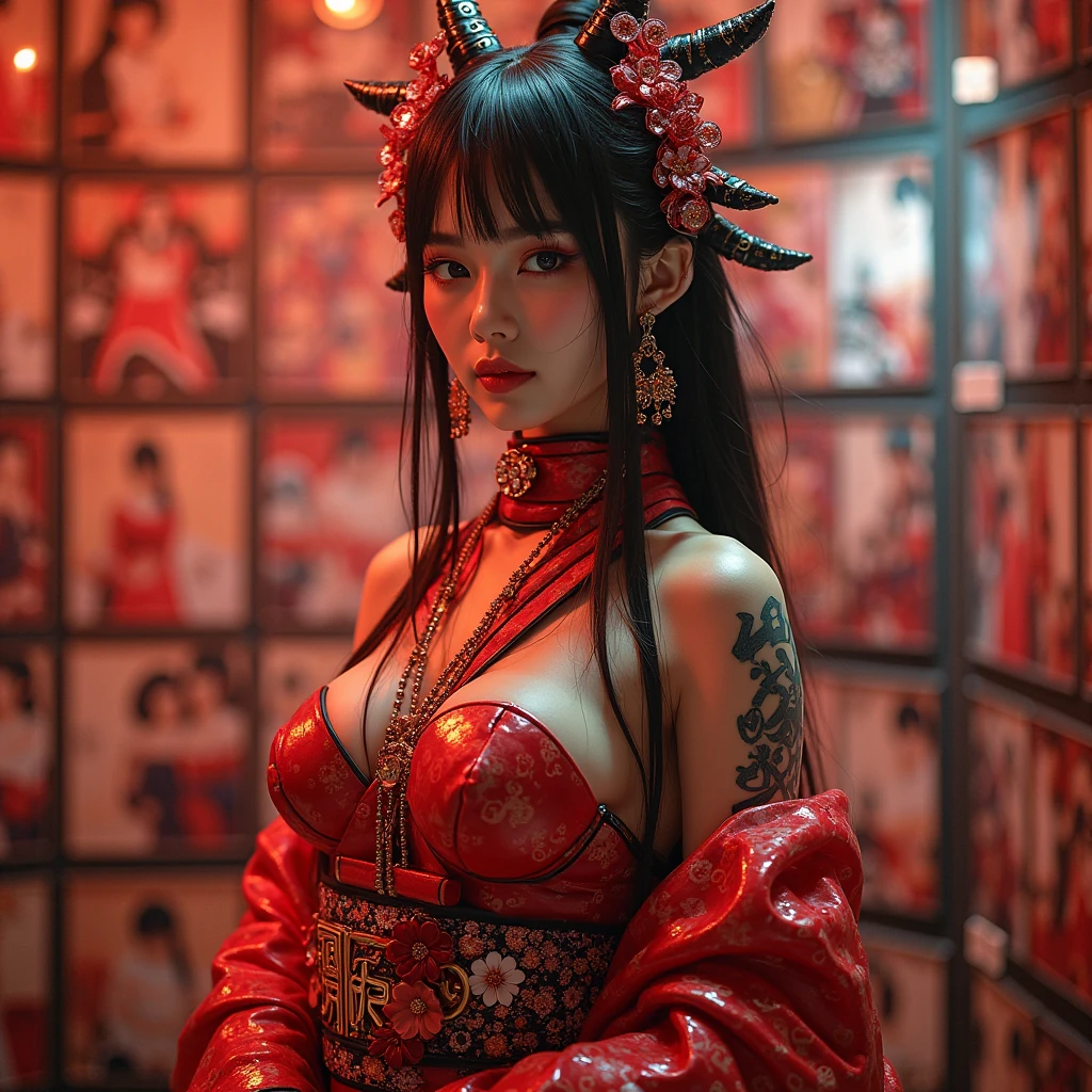 <lora:WarPaint:0.5> beautiful asian, warpaint, face paint, pants, medium breasts, corset, bra, (japanese background)