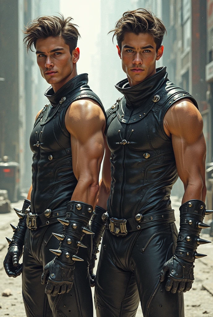 a hyper realistic ultra detailed photograph skinhead man, bald, Shirtless,belt, at a dystopian city, tattered outfit with rusty metal armor plates, tattooed hands and body, fashion pose, detailed symmetric beautiful hazel eyes, detailed gorgeous face, apocalyptic environment, exquisite detail