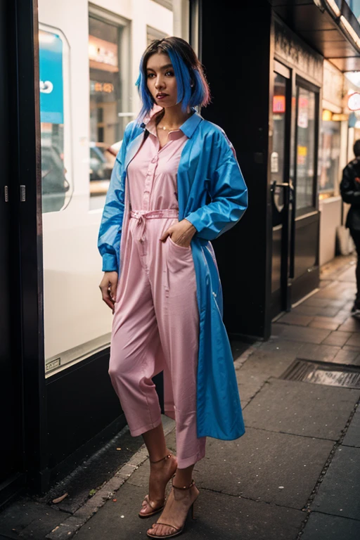 A full-body image of a slim woman with glasses, dyed blue hair, and a quirky fashion sense. She is wearing a colorful dress with a cardigan and boots. She stands in a park, posing playfully, with trees and flowers in the background.