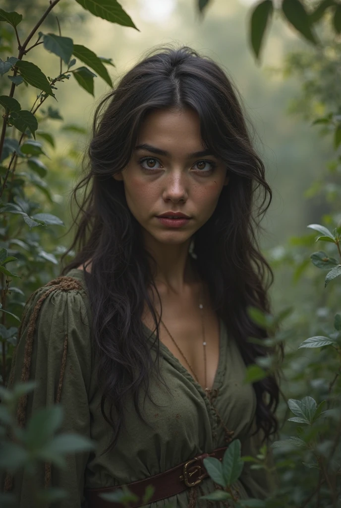 a beautiful woman with long black hair, wearing military uniform, with a discovery hat, in a forest, with aa t-shirt (boobs) (best quality,4k,8k,highres,masterpiece:1.2),ultra-detailed,(realistic,photorealistic,photo-realistic:1.37),highly detailed portrait, intricate details, stunning scenery, dramatic lighting, cinematic composition, vibrant colors, lush foliage, moody atmosphere