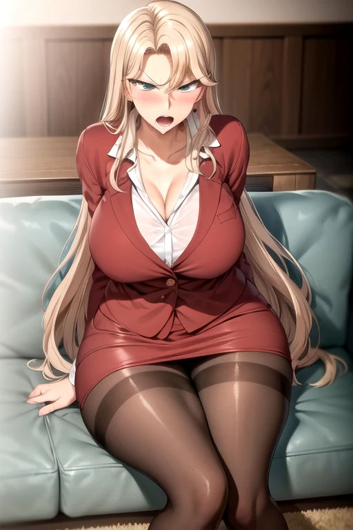 masterpiece, best quality, highly quality  ,   ReikaKrshk-KJ, collared shirt, cleavage, sitting, jacket, black pantyhose, crossed arms, crossed legs, couch, red skirt suit , (angry , disgusted:1.2) , (blush:1.2) , mature woman , (thighs:1.2) , thick thighs ,