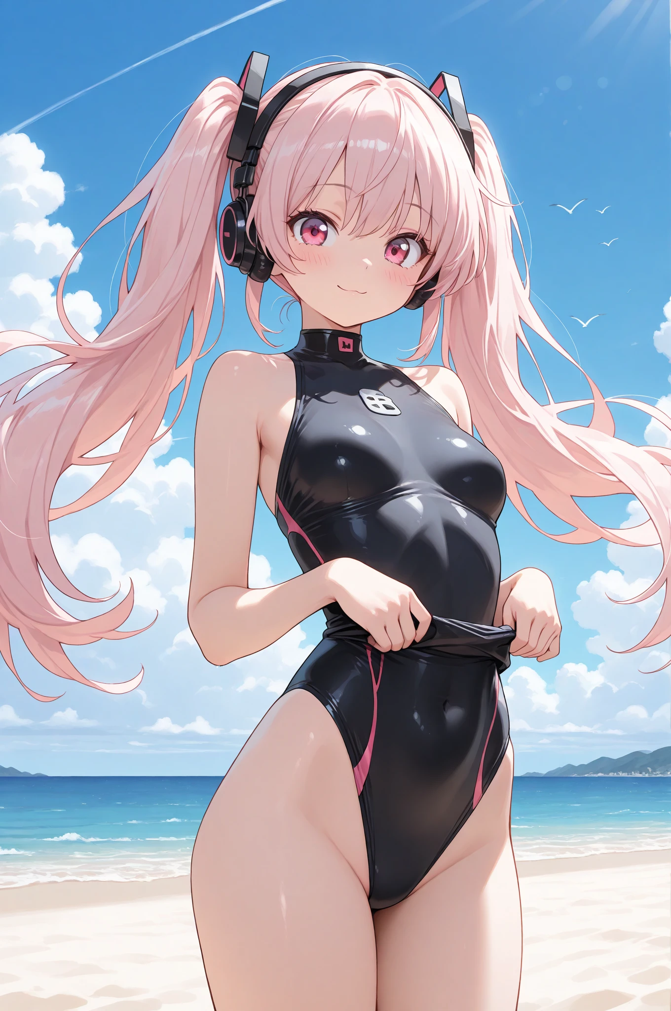 masterpiece、highest quality、Very detailed、Photograph the upper body、1 female、(Put your arms behind your back:1.4)、Are standing、Turn your body forward、View your viewers、(Wetsuits)、break,blush、shy、Pink Hair、Open your mouth、Ocean、Big Breasts、