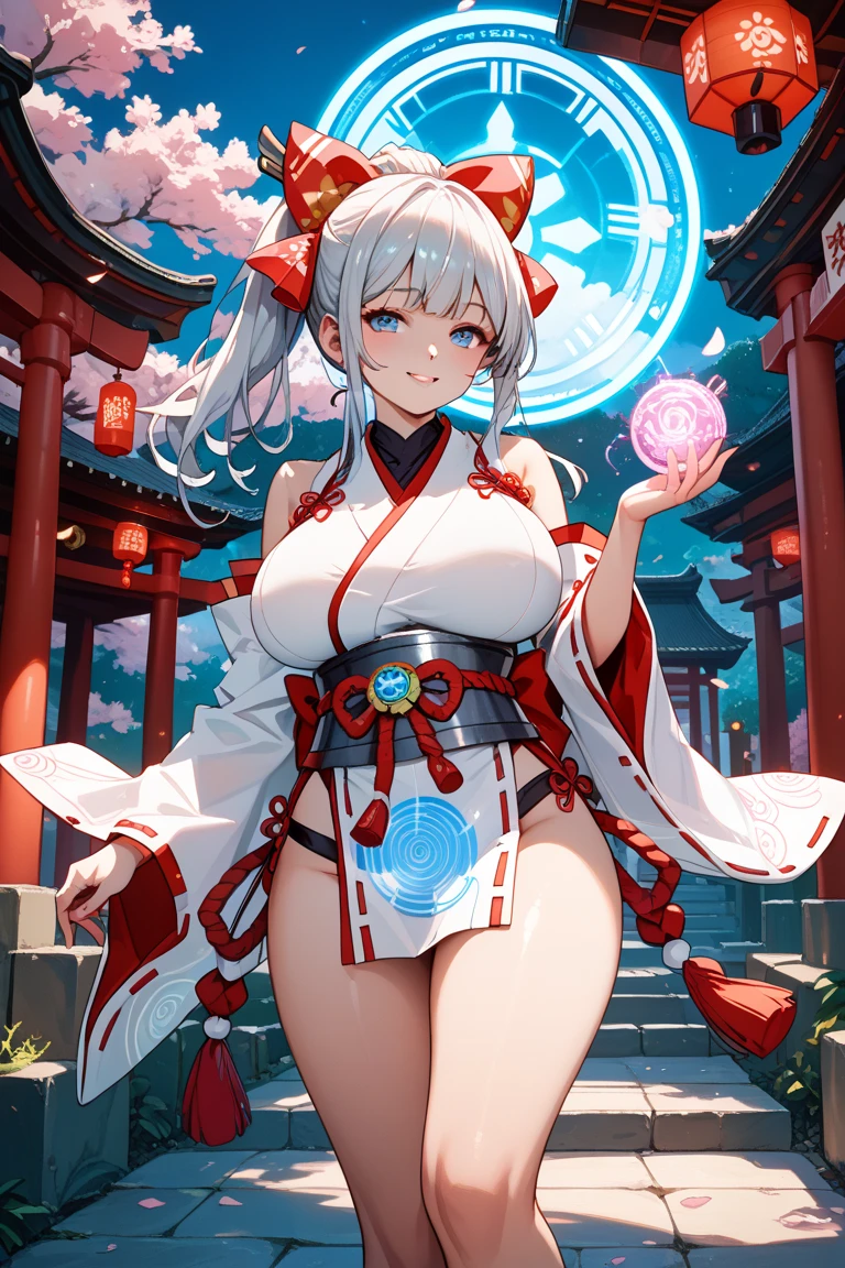 finest image, portrait, detailed and delicate depiction, beautiful cute sexy lady, amorous expression, ???? expression, ???????, ??????, iridescent silver braided bangs ponytail, metallic blue sparkling big eyes, red alluring moist big thick lips, huge breasts, under boobs, side boobs, abs, ass, slender, perfect proportion, long thin legs, Mai Shiranui costume, background fantasy, that emits fantastic light, light particles, light sparkles, scatter gold and silver glitter and confetti, iridescent light particles, many falling petals, professional lighting
