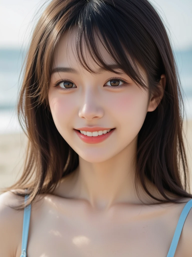 （(The bikini)), swim wears, Skin color, flat breast, swimming pools, wetting hair, a smile, (8k, RAW Photography, top-quality, ​masterpiece: 1.2), ​masterpiece, The ultra-detailliert, 超A high resolution, (Realistic and realistic photos: 1.37), high-definition RAW color photography, extremely delicate and beautiful, ighly detailed, 8k wallpaper, astonishing, detaileds, extremely detailed eye, highlydetailed skin, extremely detailed fingers, highly detailed nose, highly detail mouth, perfect anatomia, The upper part of the body, a wet body, swimming, Sheer feeling、Transparency、Tiny swimsuit、sideways Facing