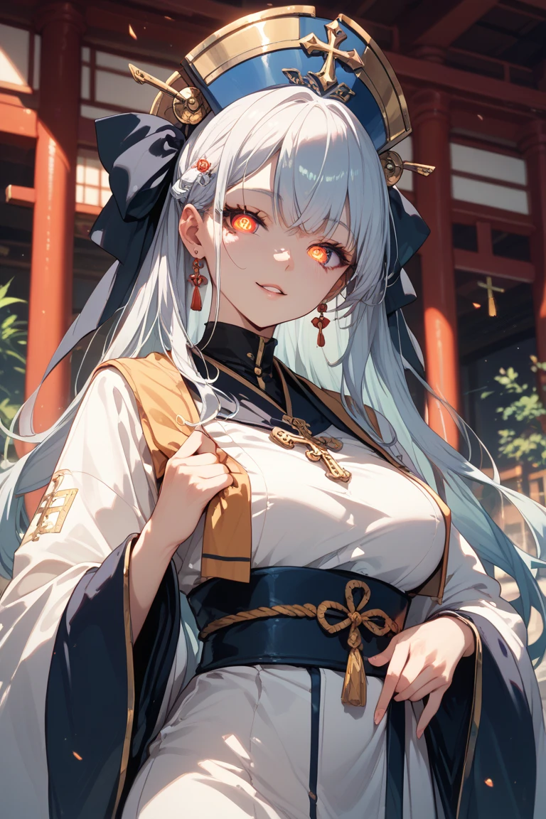 Masterpiece, a girl, Orange eyes, high detailed eyes, white hair, layered hair, hair ornament, ponytail hair, white Japanese kemono,shy expression
