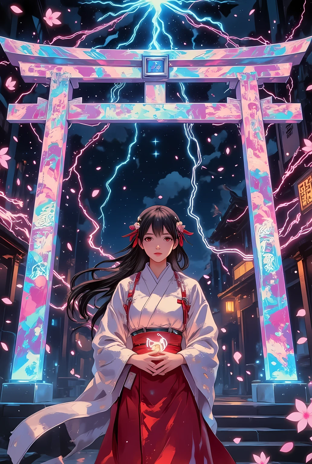 photorealistic cyberpunk illustration, upper body portrait of a young futuristic shrine maiden (miko) with long flowing black hair tied with glowing red cyber ribbons, wearing an advanced high-tech shrine maiden outfit with metallic red and white fabrics, detailed glowing circuit patterns running along her sleeves and chest, standing confidently in front of a giant neon cyber torii gate glowing with holographic kanji symbols and electric currents, striking a dynamic pose with one hand raised, holding a radiant digital ofuda (talisman) emitting soft blue and violet light, her other hand resting lightly on her hip, her eyes glowing faintly with cybernetic enhancements, soft sakura petals made of digital particles drift through the air, vivid electric blue, crimson, and neon pink color palette, cinematic composition, ultra-detailed, masterpiece, high-resolution