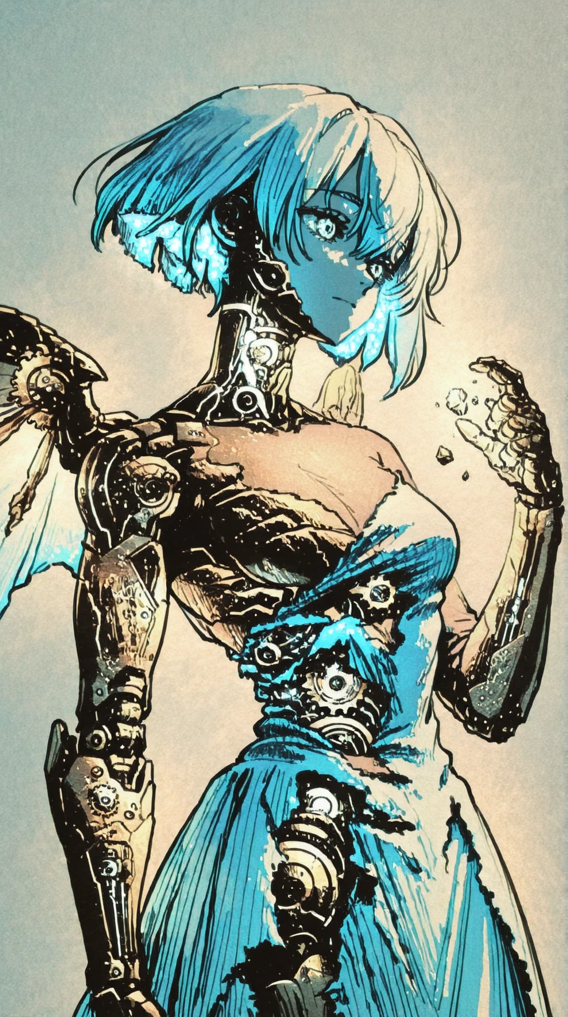 cyborg dragon holding broken female android, delicate mechanical parts, glowing exposed circuitry, Victorian torn dress, sorrowful dragon eyes, rusted steampunk armor, wings with gears, peaceful lifeless face, scattered clockwork debris, watercolor and link, rough texture, sketchy outlines, organic brush strokes, cross-hatching, visible paper grain, analog traditional art vibe