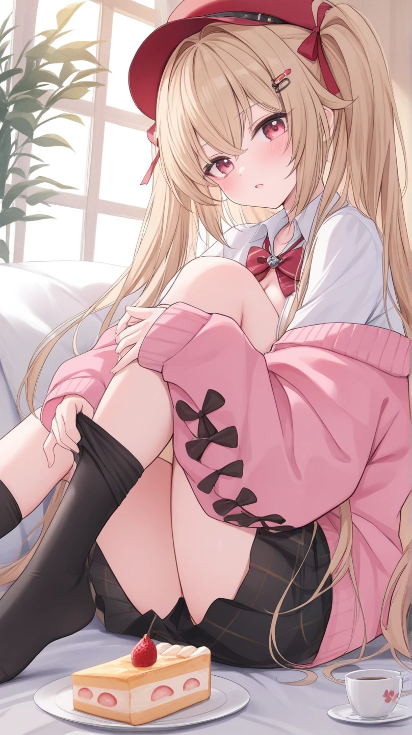 masterpiece:1.5, high quality, anzu futaba, , 1girl, black school uniform, black blazer, black mini skirt, brown cardigan, {{tareme:1.4}}, blush, missionary, (((lying, on back))), on bed, ((spread legs)), ((from below)), upper body, white lace panties, pussy juice, flat chest, slim, small hip, (((slim legs))), skinny, slender, camel toe, 