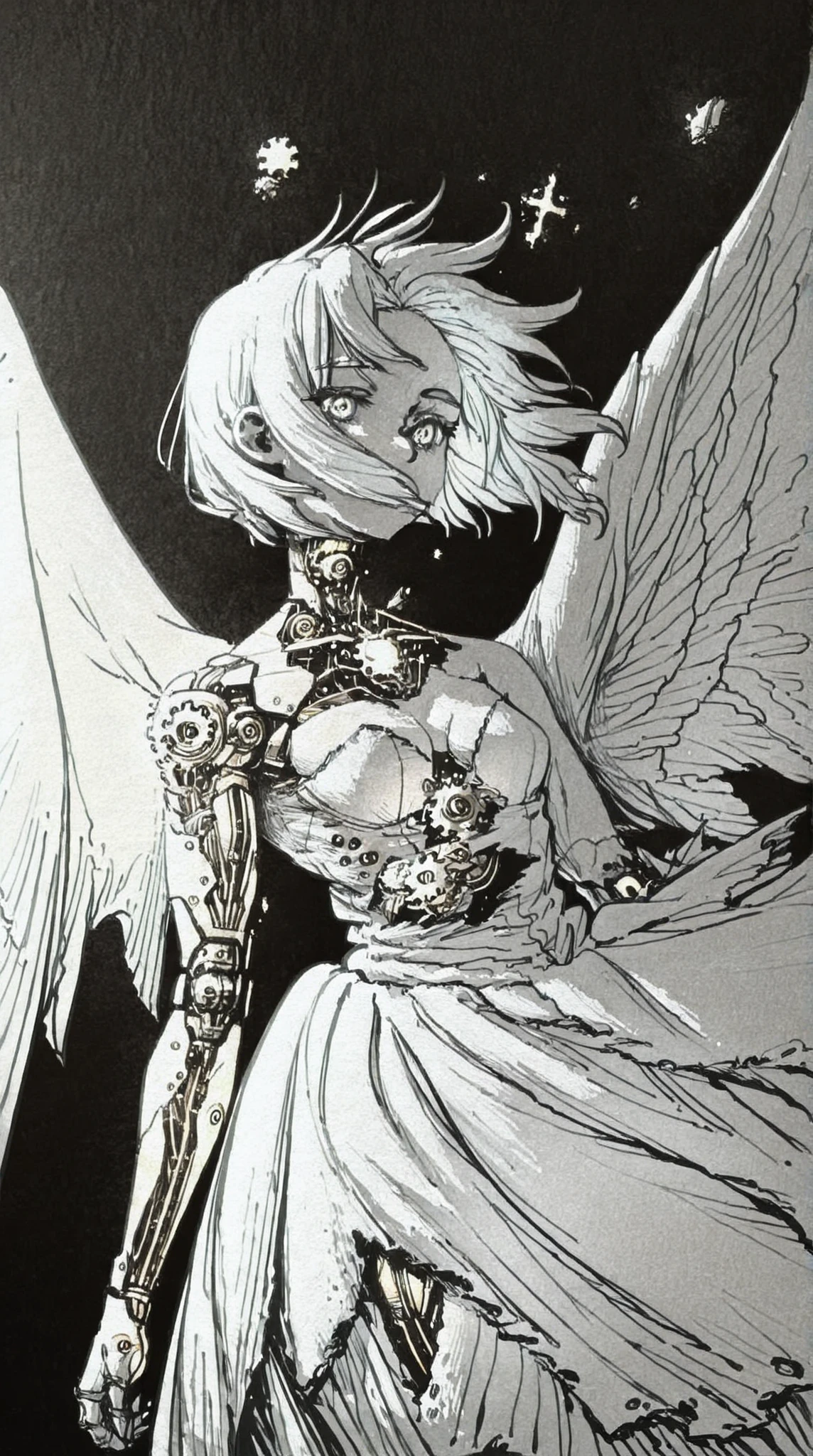 cyborg dragon holding broken female android, delicate mechanical parts, glowing exposed circuitry, Victorian torn dress, sorrowful dragon eyes, rusted steampunk armor, wings with gears, peaceful lifeless face, scattered clockwork debris, watercolor and link, rough texture, sketchy outlines, organic brush strokes, cross-hatching, visible paper grain, analog traditional art vibe