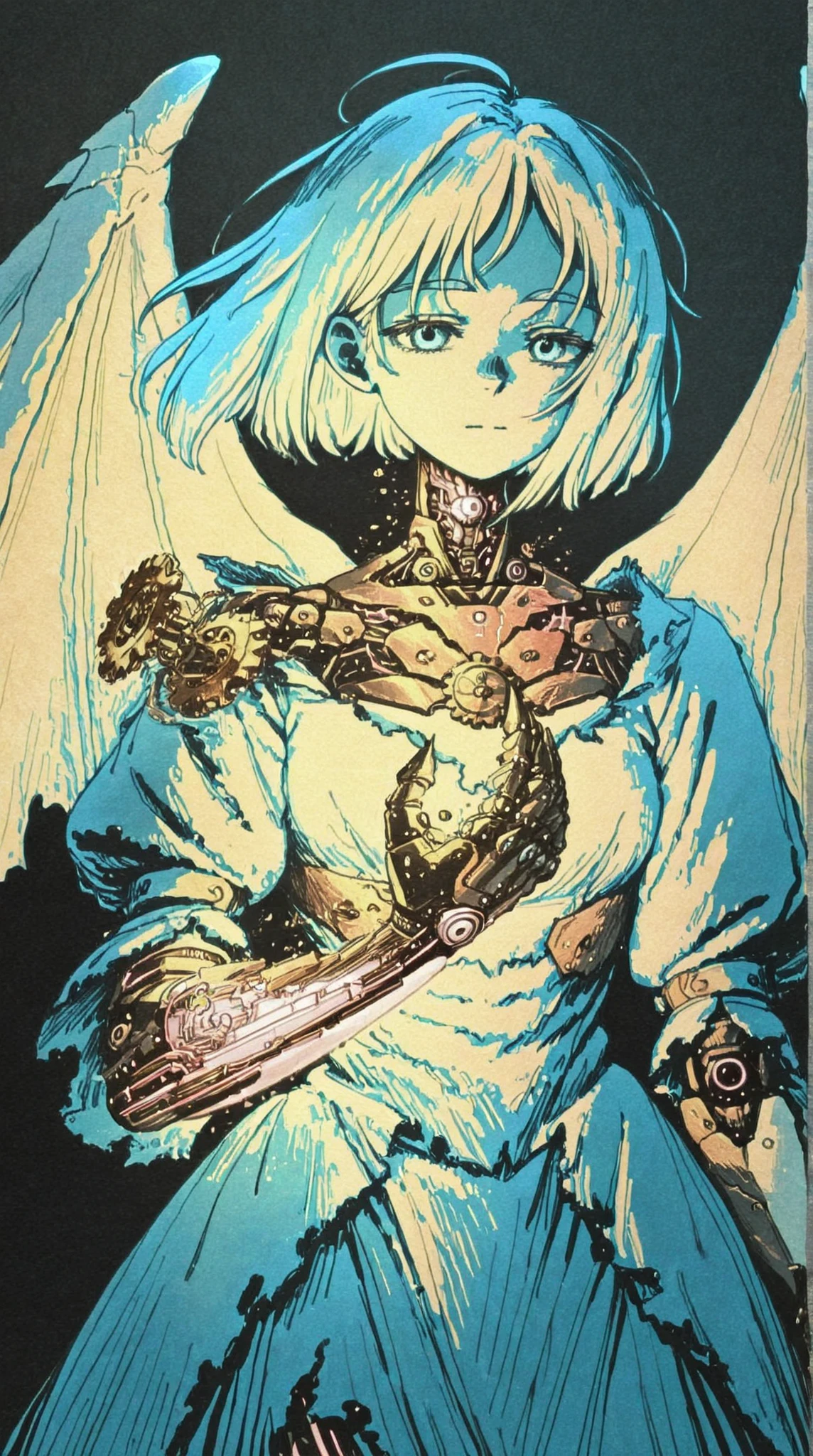 cyborg dragon holding broken female android, delicate mechanical parts, glowing exposed circuitry, Victorian torn dress, sorrowful dragon eyes, rusted steampunk armor, wings with gears, peaceful lifeless face, scattered clockwork debris, watercolor and link, rough texture, sketchy outlines, organic brush strokes, cross-hatching, visible paper grain, analog traditional art vibe