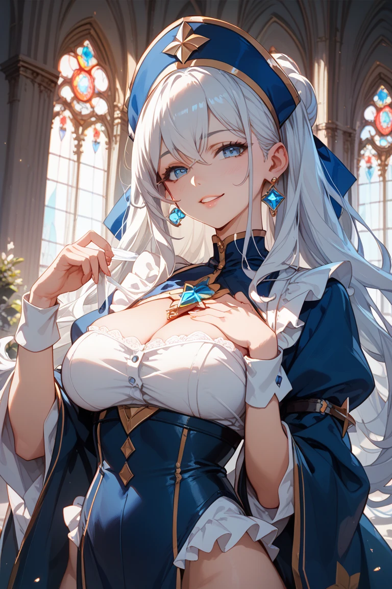 ,colorful,(masterpiece:1,2), best quality, masterpiece, highres, original, extremely detailed wallpaper, 1girl ,smile,solo, grey hair, blue eyes, original_outfits,red cape,white pants, gloves, breasts, uniform, large breasts