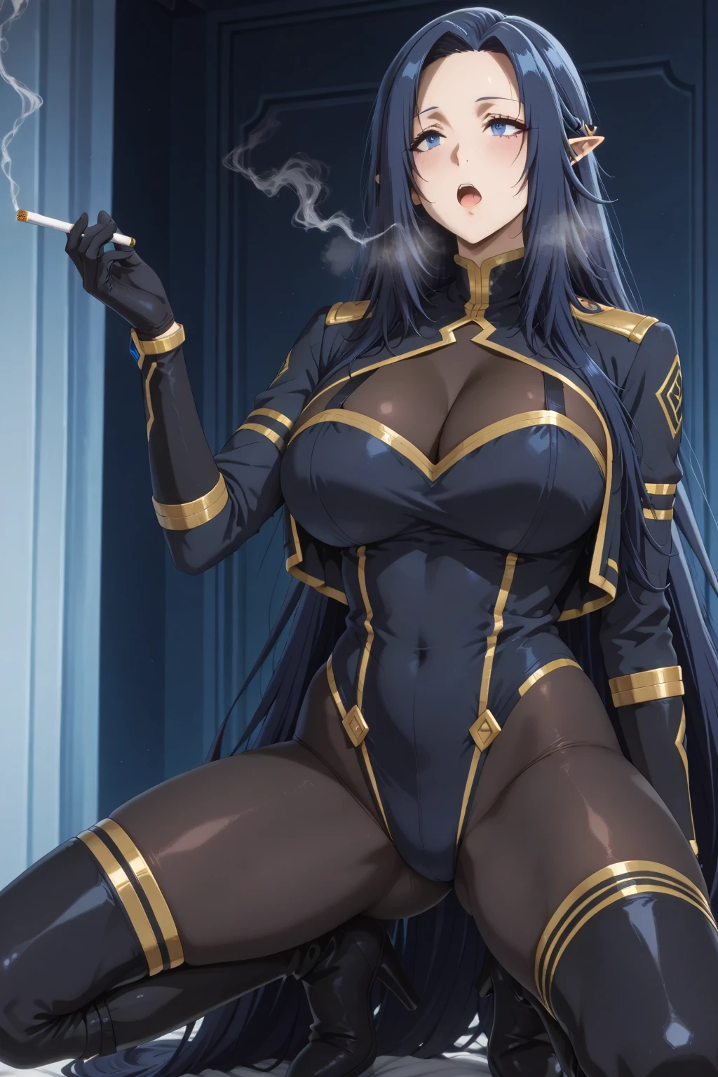Annerose, 1girl, female mature, sitting on table, spread legs, long hair, black hair, pointy ears, yellow eyes, large breasts, (bodysuit:1.05), higheels, shiny clothes, (skin tight:1.05), hair intakes, (covered :1.1), (covered breasts:1.1), (sideboob:1.05), impossible clothes, cowboy shot, cleavage, perfect body, (athletic body:1.1), anime face, perfect face, perfect eyes, anime eyes, smoky eyeliner, eyeshadow, a reproachful glance, looking at viewer, sharp focus, intricate details, masterpiece painting, professional artwork, (vibrant colors:1.1), vivid colors, Diffused lighting, digital blending, ultra detailed body, ultra detail hair, ultra detail face, trending on pixiv, by Kagami Hirotaka,