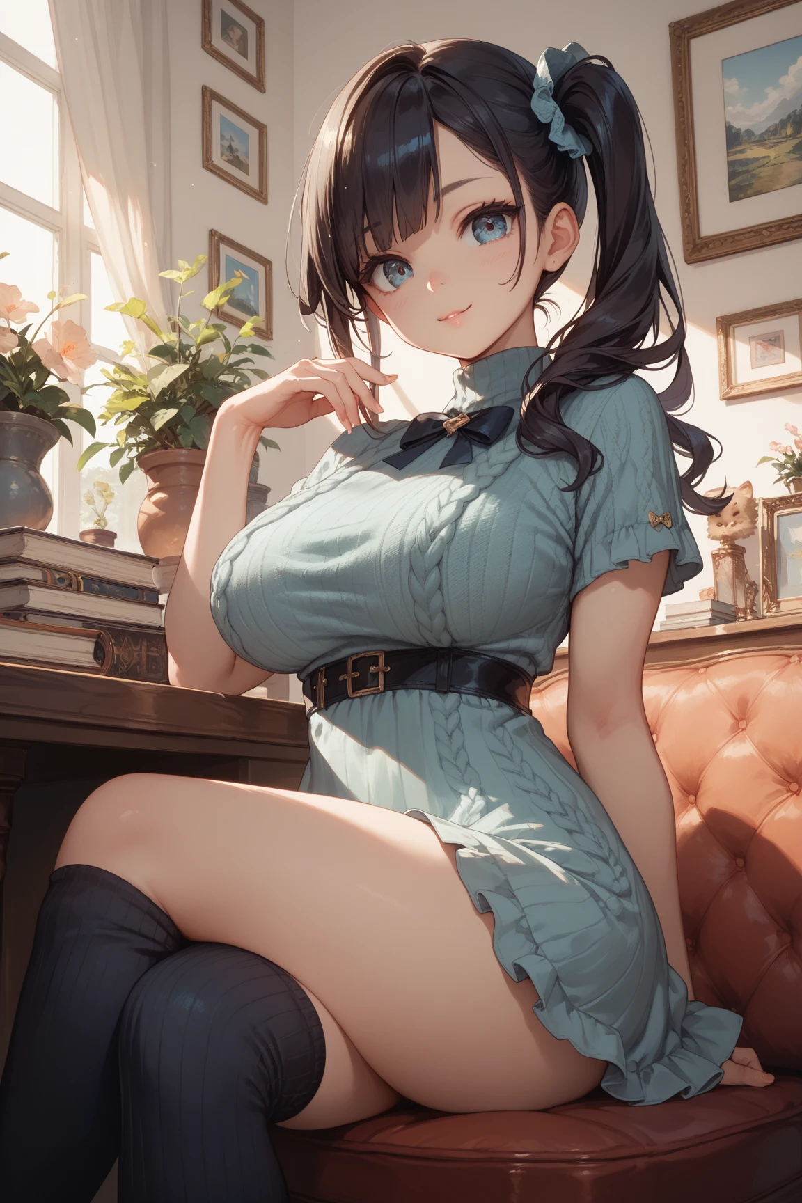 masterpiece, yor, 1girl, Amazing Cleavage:1.3, thin waist, big ass, Raised sexy, medium breast: 1.8 posed cleavage:1.2、solo, looking at viewer, open mouth, have a cup of coffee,black hair, red eyes, dress, bare shoulders, jewelry, collarbone, sidelocks, hairband, earrings, indoors, off shoulder, :o, sweater, arms behind back, plant, short hair with long locks, white hairband, off-shoulder dress, sweater dress, off-shoulder sweater, red sweater, big side hair, very long side hair,is rendered in (masterpiece: 1.2, best quality), with (ultra high resolution) and an exquisite (depth of field). This masterpiece is not only visually stunning but also tells, make of cake cooking ,in the kitchen