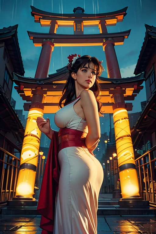 Ancient City at Sunset, young beautiful woman in short skirt fashion, full body shot, back view from below, giga_busty