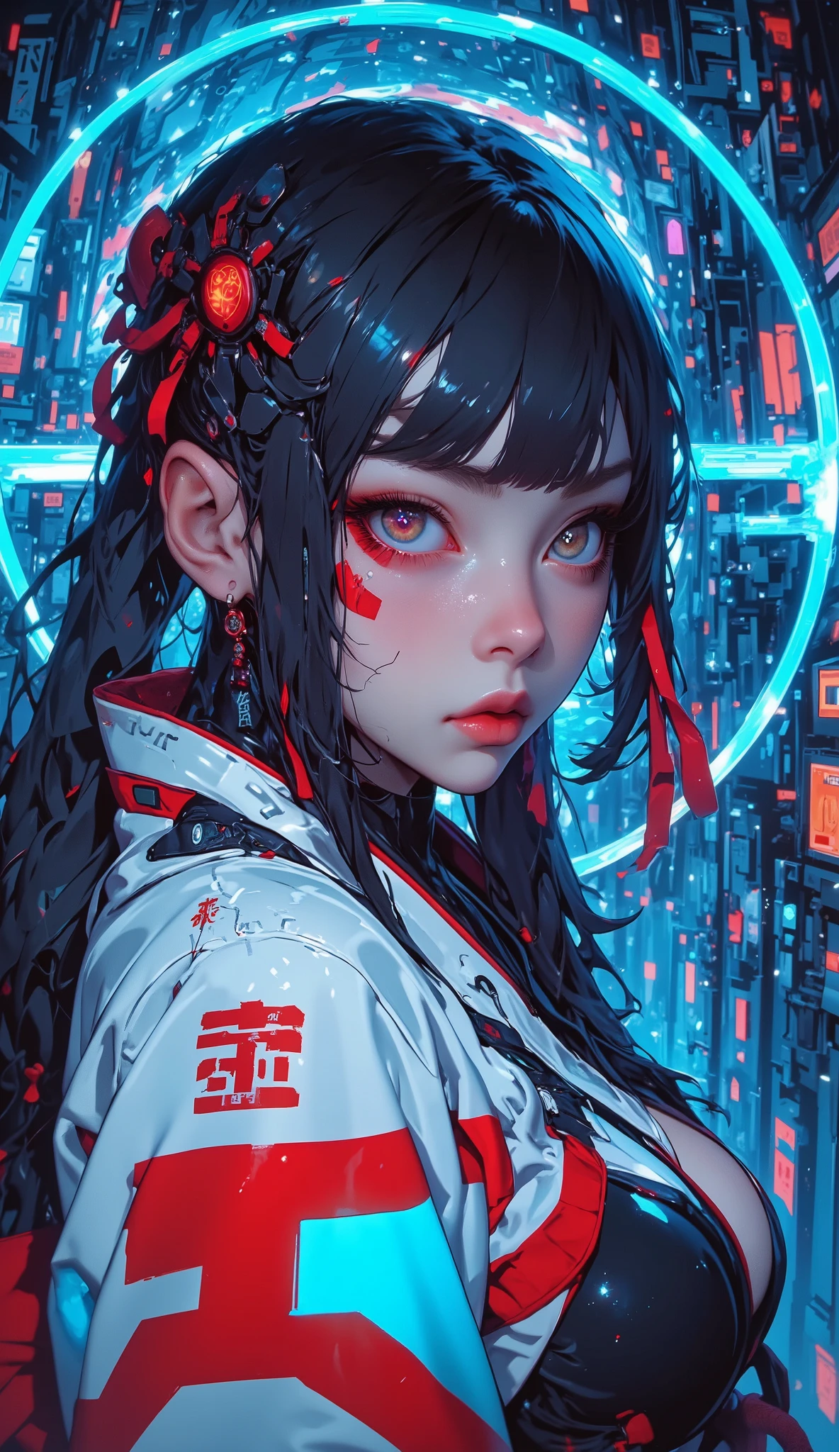 super cute cyber miko girl, close-up portrait, anime style with ultra fine oil painting texture, wearing a white and red sci-fi kimono with glowing circuit designs, modern miko fashion, soft facial expression, large sparkling eyes, long twin tails with glowing strands, traditional hair ornament with futuristic details, soft light makeup
Fisheye lens, Dutch angle, close-up face, 1.1 Focused Face, expressive eyes, 1.1 Self-Resonance, shot in a hallway indoors, ambient neon blue lighting from behind her, faint glow of the Andromeda Galaxy in background, vivid colors, physics-based rendering, HDR, UHD, 4K high resolution, super detail, disturbed blurred background, photo-grade real lighting, 棚拍照明風のライティング, sharp focus, professional quality, ultra cinematic mood