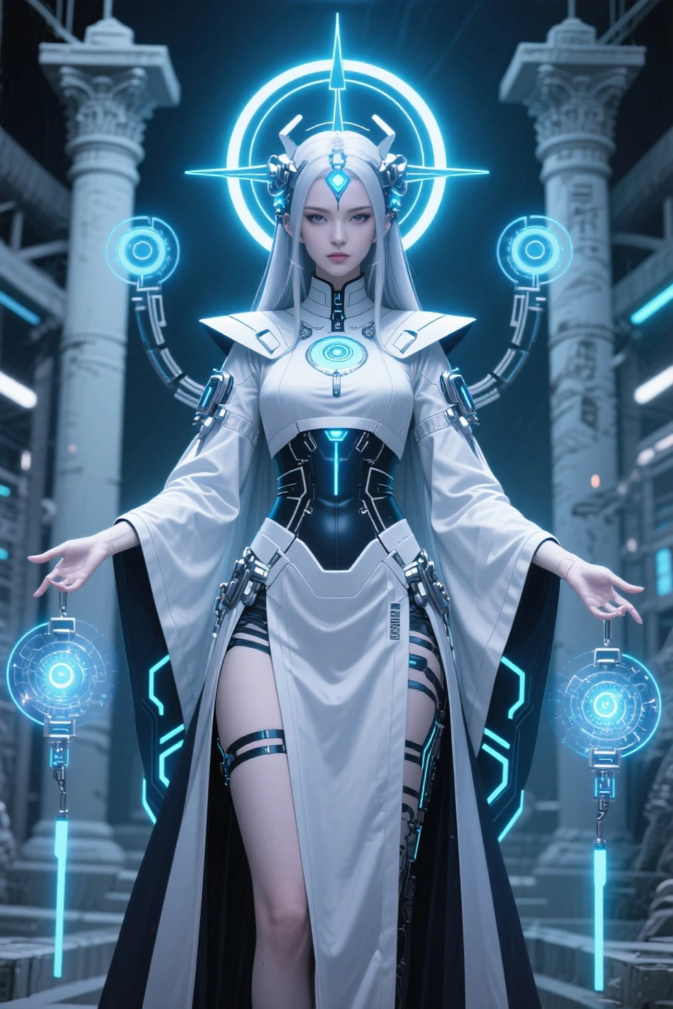 A full body photograph of Japanese female android made of transparent glass, white and silver plastic, geisha makeup and hairstyle, silver metal internal mechanisms, dynamic pose, flowing organic construction, detailed designs, glowing colorful circuitry, colorful neon trim, art by H.R. Giger, Greg Rutowski