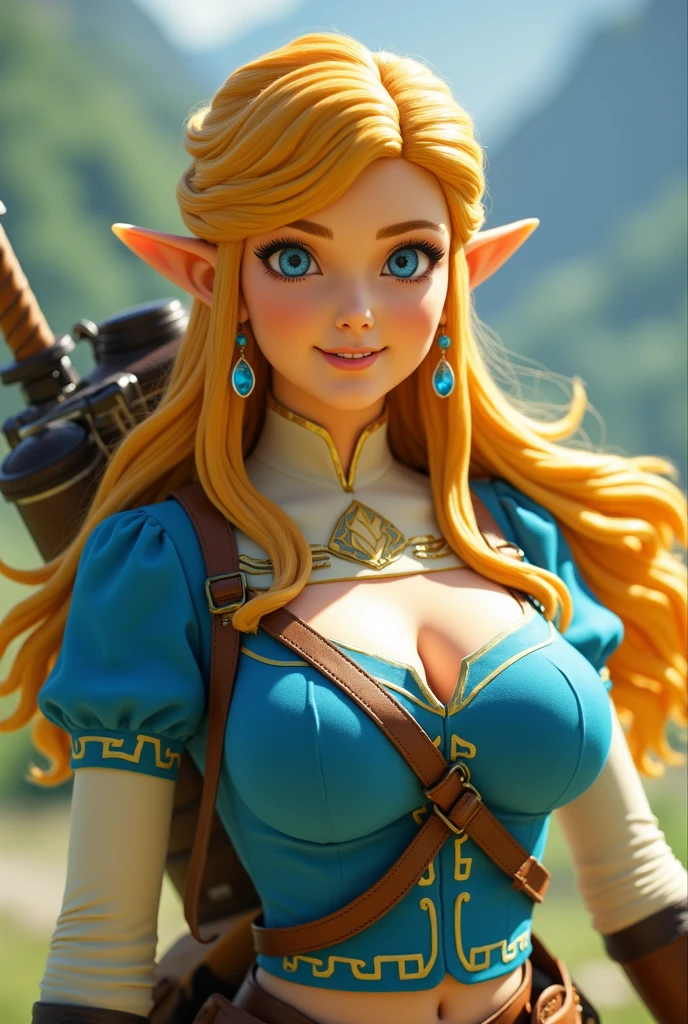 ((work of art)), ((best qualityer)), (detailded), perfect, standing alone, Zelda, beautiful woman, Delicious lips, long hair, Huge breasted, deep decolte, Huge breasteds, sexly, Zelda as a busty pornstar