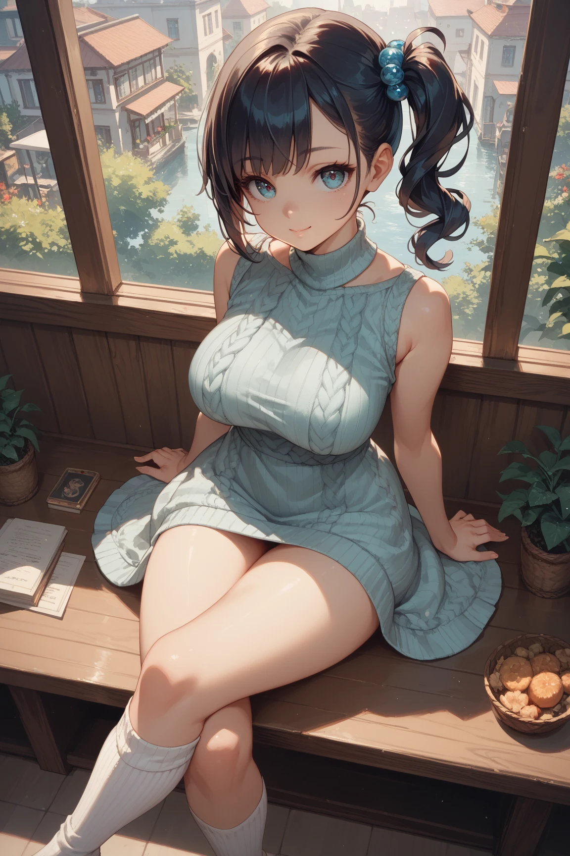 masterpiece, yor, 1girl, Bust A Cup, Amazing Cleavage:1.1, thin waist, big ass, Raised sexy, small breast: 1.1 posed cleavage:1.2、solo, looking at viewer, open mouth, have a cute grass of cute beergrass,black hair, dark green eyes, dress, bare shoulders, jewelry, collarbone, sidelocks, hairband, earrings, indoors, off shoulder, :o, sweater, arms behind back, plant, short hair with long locks, gild hairband, off-shoulder dress, sweater dress, off-shoulder sweater, red sweater, dark gord hair, big side hair, very long side hair,is rendered in (masterpiece: 1.2, best quality), with (ultra high resolution) and an exquisite (depth of field). This masterpiece is not only visually stunning but also tells,A scene of cooking in the kitchen