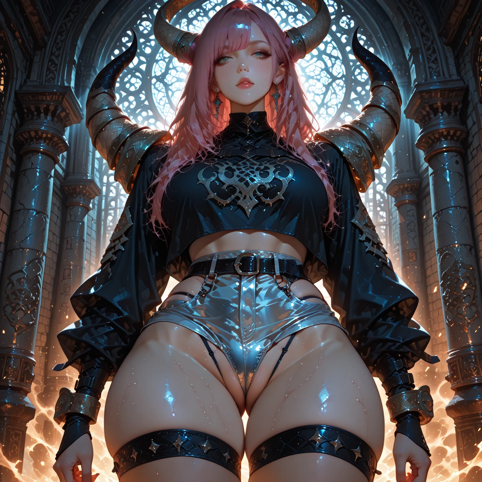 Masterpiece, demon girl, young girl, pink skin, pink skin, golden tattoos, gold tattoo, golden skin, big horns, red horns, pink skin, defined body, muscular body, big hip, big breasts, round breasts, defined abdomen, big nails, detailed background, cave, red cave, high quality detailed lighting, white hair, wavy hair, golden marks, artgem, cinematic lighting, thick legs, thick thighs, arafed --auto --s2