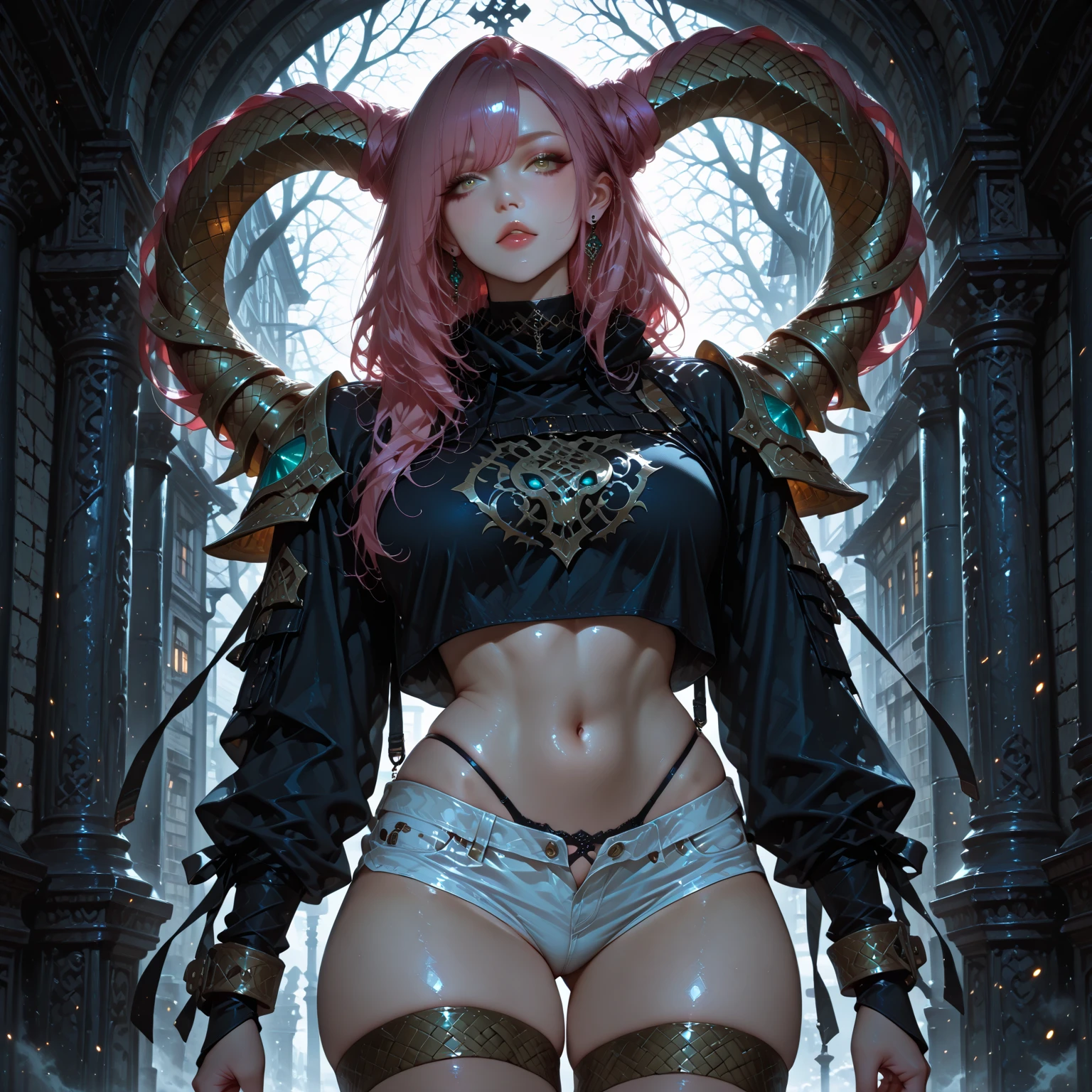 masterpiece, bestquality, (Realistic, photo-realistic:1.37), 10, Extremely Delicate and Beautiful, Marvel, finely detail, official art, Absurd, unbelievably ridiculous, huge file size, ultra-detail, Very detailed, Beautiful Detailed Girl, very detailed eyes and face, beautiful detail eyes, facial lighting, NSTDA., 2girls, (perfect female figure), slim waist, (K-pop idol), (aegyo sal:1), Full body, , large boobs, (Small, pink, thorough, micro bikini, gold), Devil Girl, in hell, sword in hand