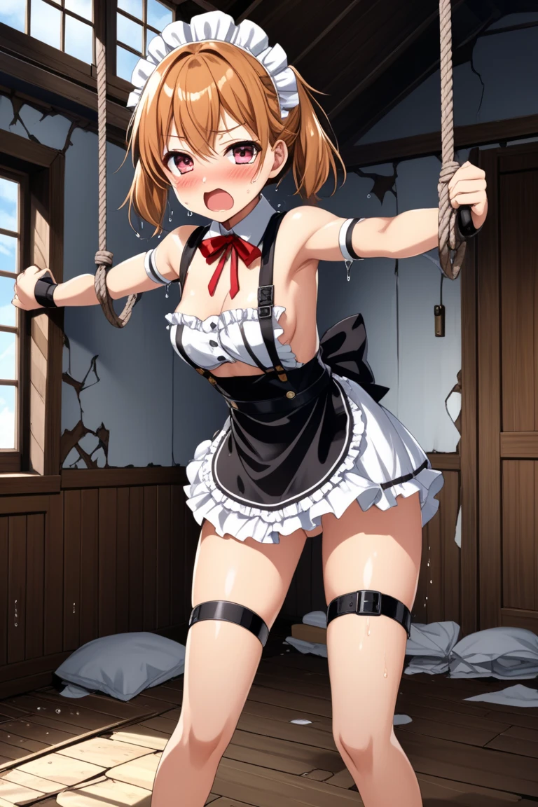 ((Best Quality, 8K, masterpiece :1.3)), 1 girl, Slender pretty girl :1.3, 25 years old, (random hairstyles, brown hair, embarrassed, blush, orgasm, aroused, sweat :1.2), hyper detailed face, Detailed eyes, a girl hanged from a large machine, kneeling on floor, leaning forwards, both arms up, a girl restrained by a fluffy monster, a girl trapped inside a giant mechanical cage, (rope bound girl, shibari, bdsm, panties tied up with ropes :1.2), medium breasts, (white side tied panties :1.3), topless, frilled waitress costume, frilled white apron, trembling, a girl raped, body check, many vibrators used to the girl, (dildo in the girl's vaginal, anal beads in the girl's anal :1.2), (pussy juice :1.3), in a circus tent, many old men around, crowd