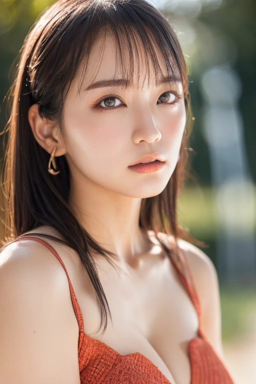 (masterpiece:1.3), high resolution, ultra detailed, extremely detailed CG unity 16k wallpaper, realistic, photo-realistic, RAW photo, super fucking beautiful detailed face, natural makeup, pale skin, realistic glistening skin, detailed cloth texture, detailed hair texture, beautiful detailed fullbody, Perfect female body, accurate, Anatomically correct, Highly detailed face and skin texture, natural neck length, (beautiful hands), (fair skin:1.1), (well-aligned teeth:1.1), (Sweaty skin:1.2), 
BREAK, 
Detailed eyes, symmetric eyes, Light Brown eyes, Double eyelids, Thin eyebrows, (Glossy lips:1.4), ((A face with waiting for a kiss:1.2)), (blush:1.1), (A sparkling small hair accessory:1.1), (beautiful smile:1.1)
BREAK, 
((beautiful large breasts, cleavage:1.3)), 
((short hair, Dark blonde hair, bangs:1.2)),  (closeup shot, half body photo, looking at viewer:1.3), 
BREAK, 
(sitting by the river, bikini:1.3)
