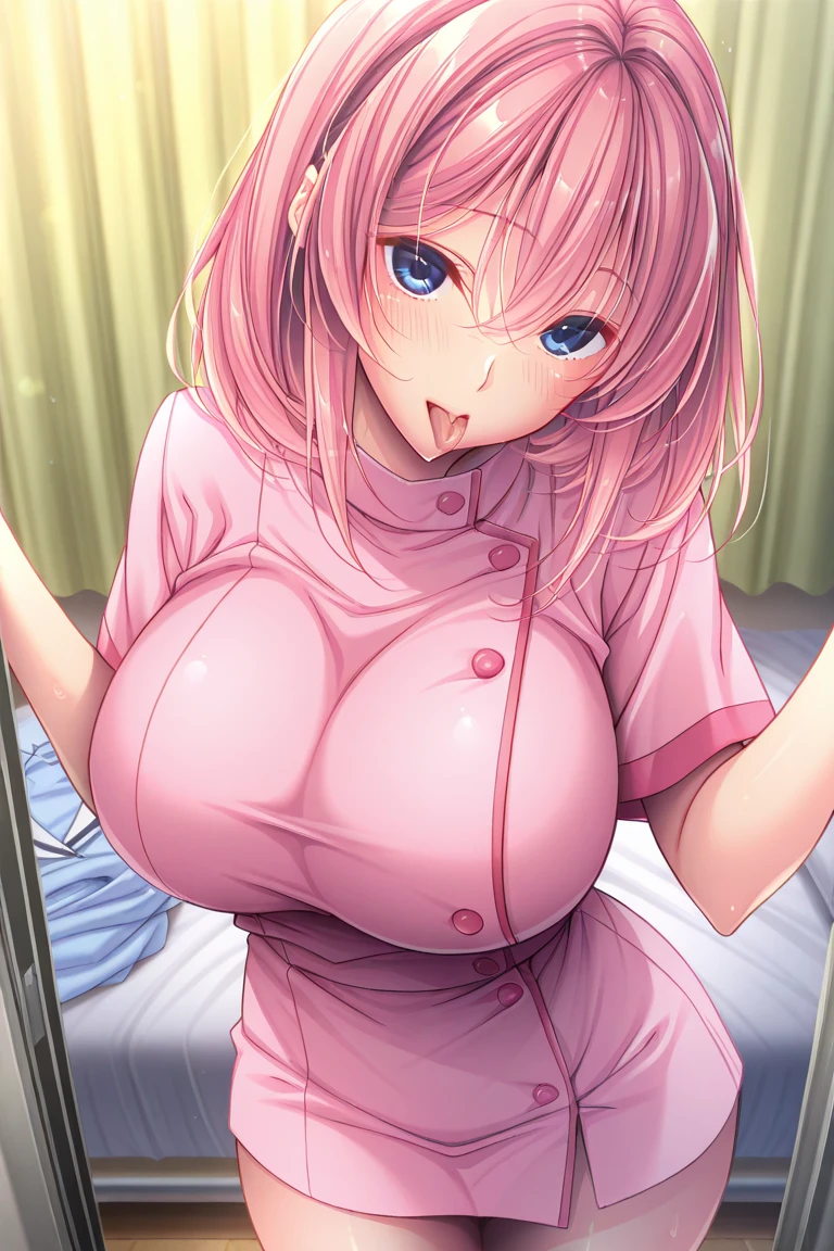a girl in a modern house, pink hair, pink eyes, smiling, big breasts, symbol of isreal