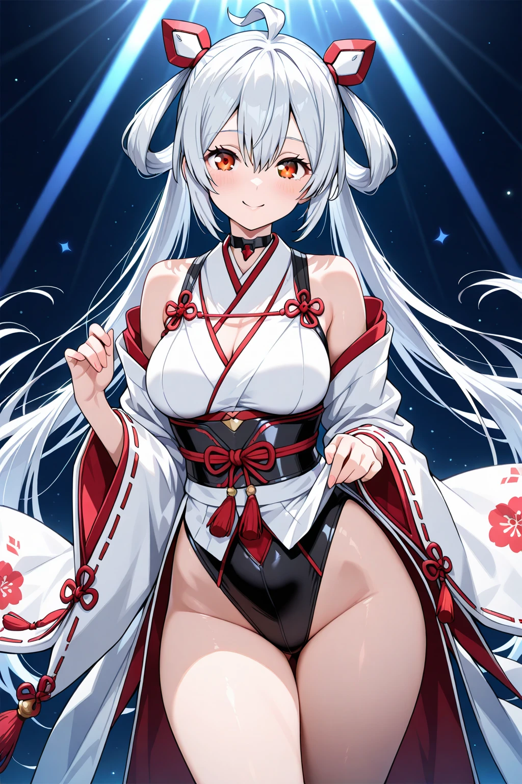 a very feminine japanese anime girl in some very provocative undies, 1girl, solo, breasts, stomach, smile, navel, twintails, long hair, thigh strap, blue eyes, looking at viewer, bare shoulders, long sleeves, grin, open clothes, underboob, gigantic breasts, paper lantern, thighs, pelvic curtain, off shoulder, white hair, lantern, chinese clothes, halo, floral print, very long hair, cup, sleeveless, standing, (groin:1.4), (windy:1.4),