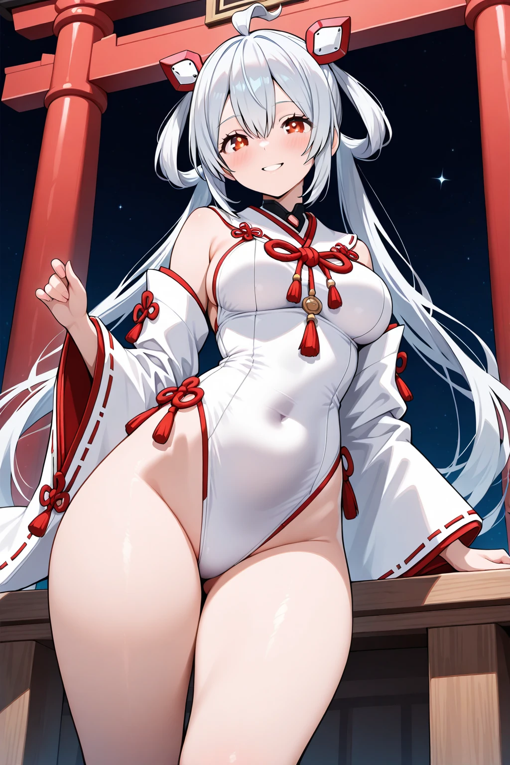 1girl in、独奏、​masterpiece、top-quality、Kashima OG、kashima\(kancolle\)、white  hair、blue eyess、hair wavy、Twin-tailed、tsurime eyes、beret、A smile、embarrassed from、red blush、Colossal tits、Black enamel、Bodysuits、highleg、Black enamel、thigh high boots、Squat on the floor、((Open your crotch wide from side to side:1.4))、((Opening legs))、((Show your crotch to the camera:1.4))、stares at the camera、Wooden corridor、((Open your mouth wide:1.4))、((With a transparent rod like male genitalia:1.4))、((Stick out your tongue and lick a transparent rod like male genitalia:1.4))、((Hold a transparent rod like male genitalia:1.4))